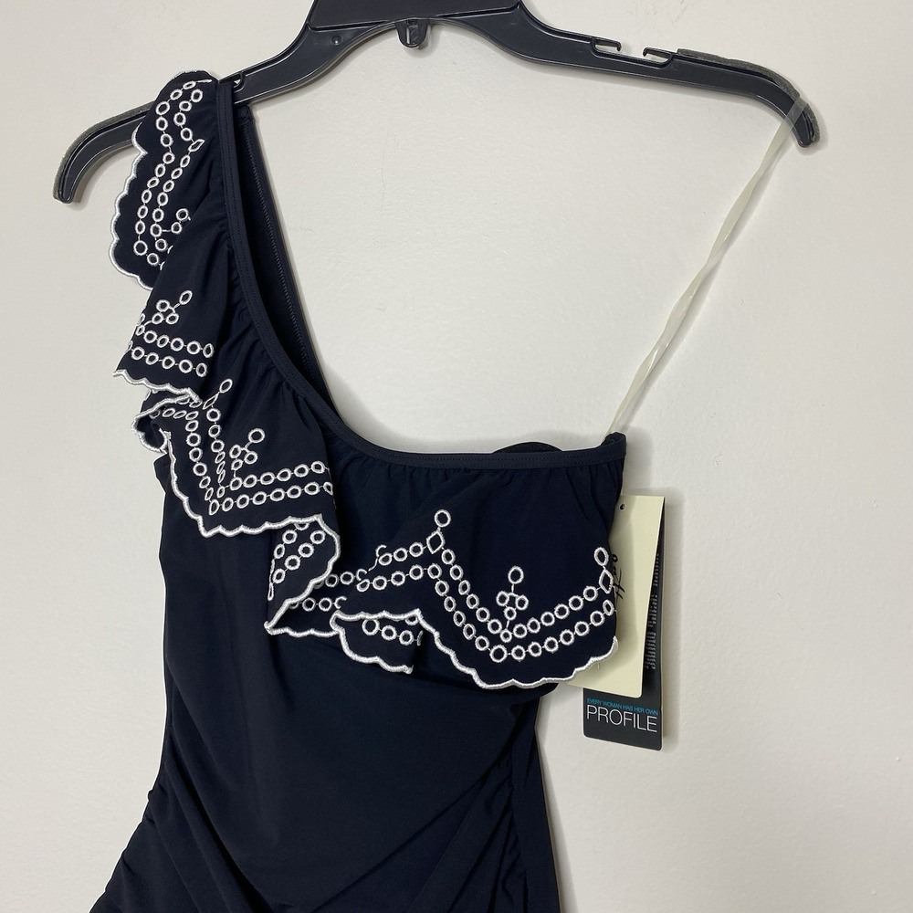 Profile By Gottex Sz 6 Ruffle Embroidered One Shoulder One Piece Black Swimsuit - Picture 4 of 16